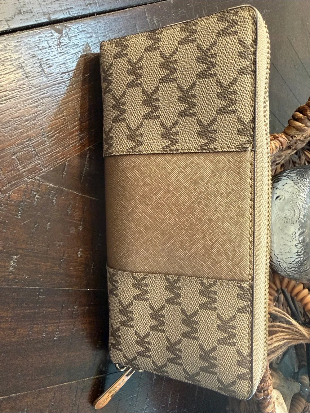 Michael Kors Beige and Brown Logo Zip Wristlet
